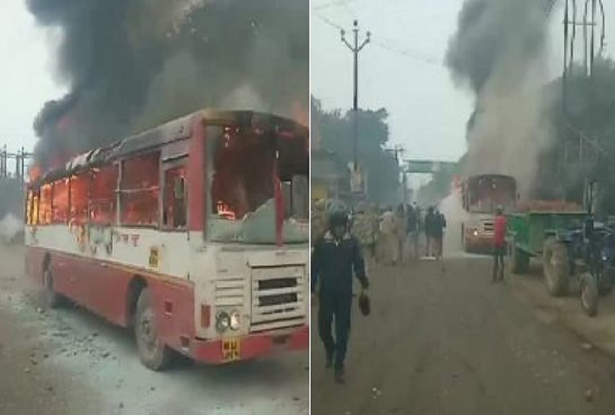 Sambhal Youths protest against CAA heavy police force on roads bus allegedly set on fire
