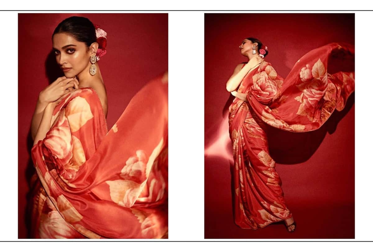 deepika padukone in red floral saree
