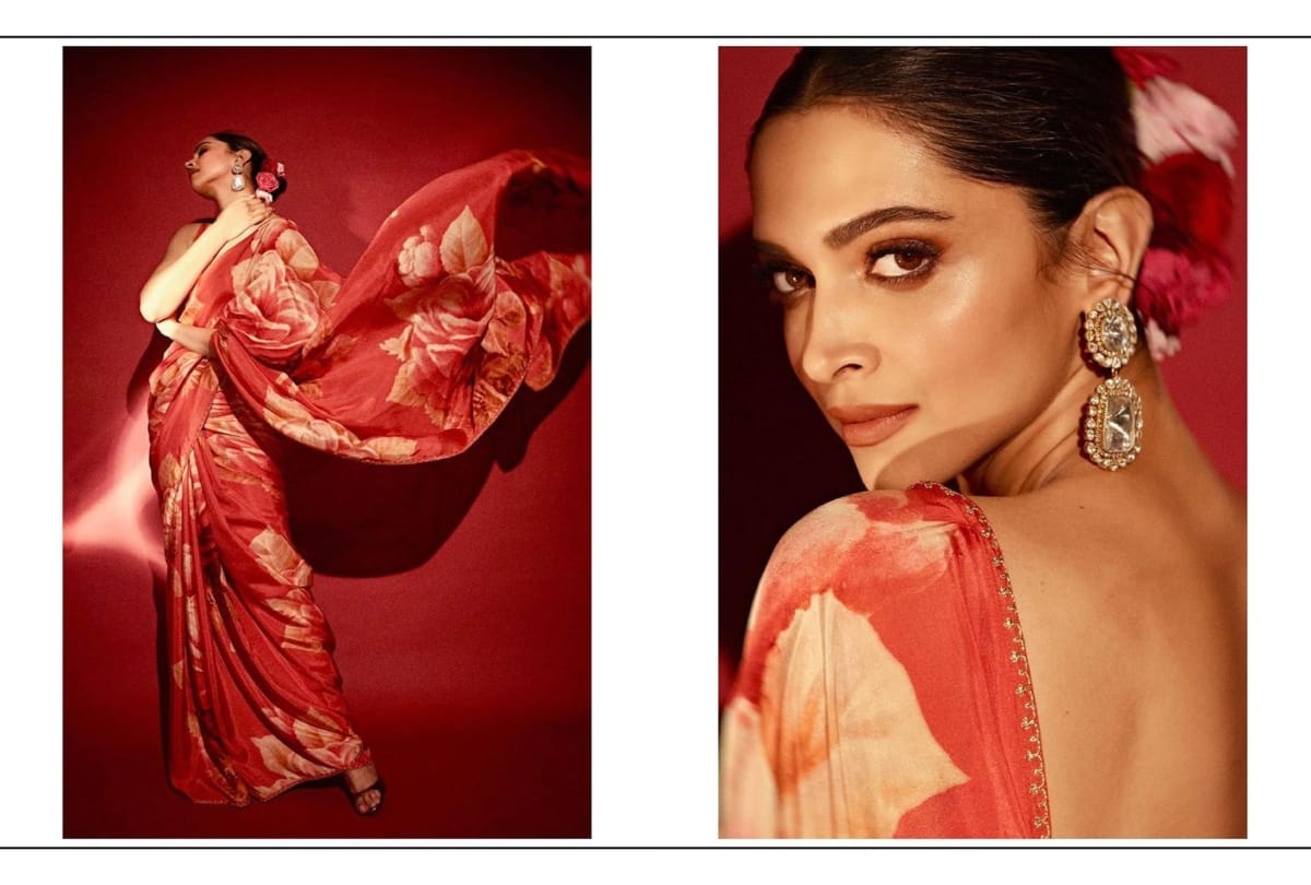 deepika padukone in red floral saree