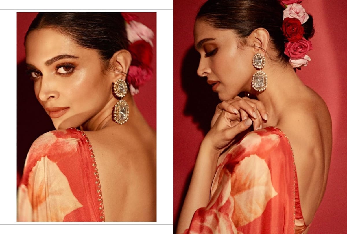 deepika padukone in red floral saree