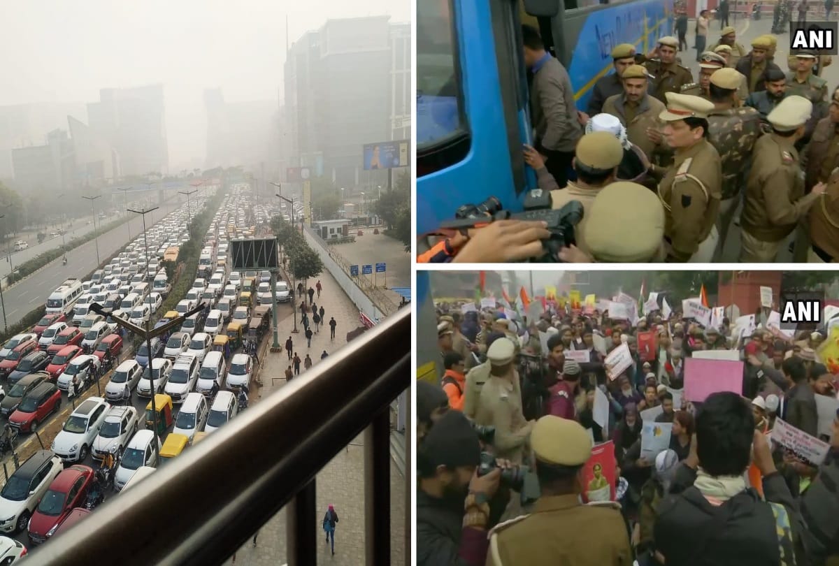 Hindu refugees protest on road in support of CAA near Rajghat