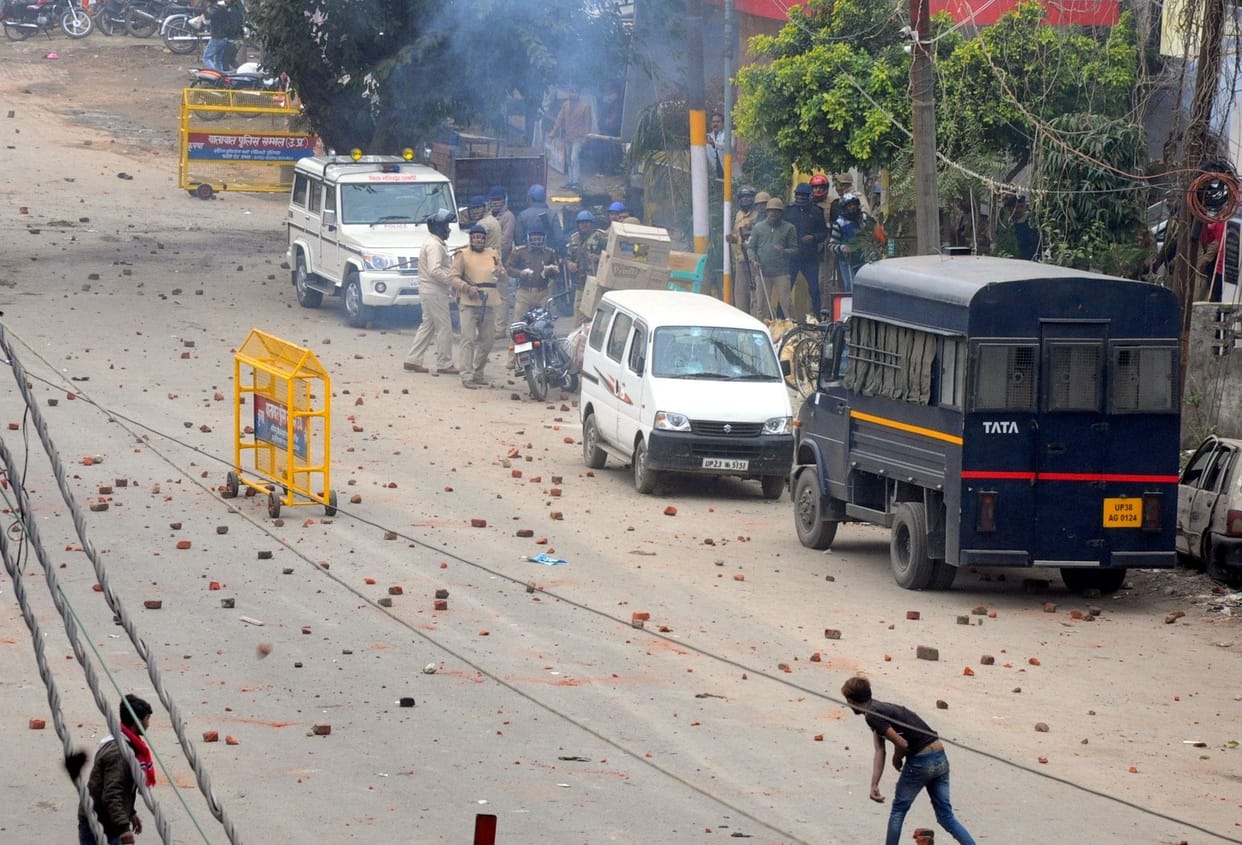 protest in sambhal on caa