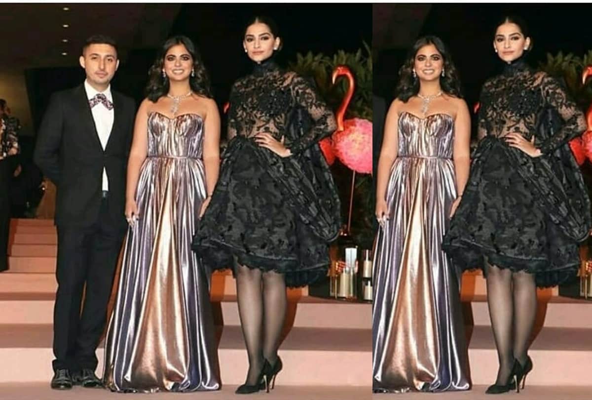 sonam kapoor in isha ambani art auction programme in black swan dress