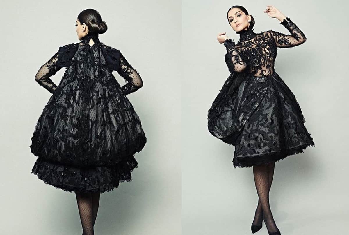 sonam kapoor in isha ambani art auction programme in black swan dress