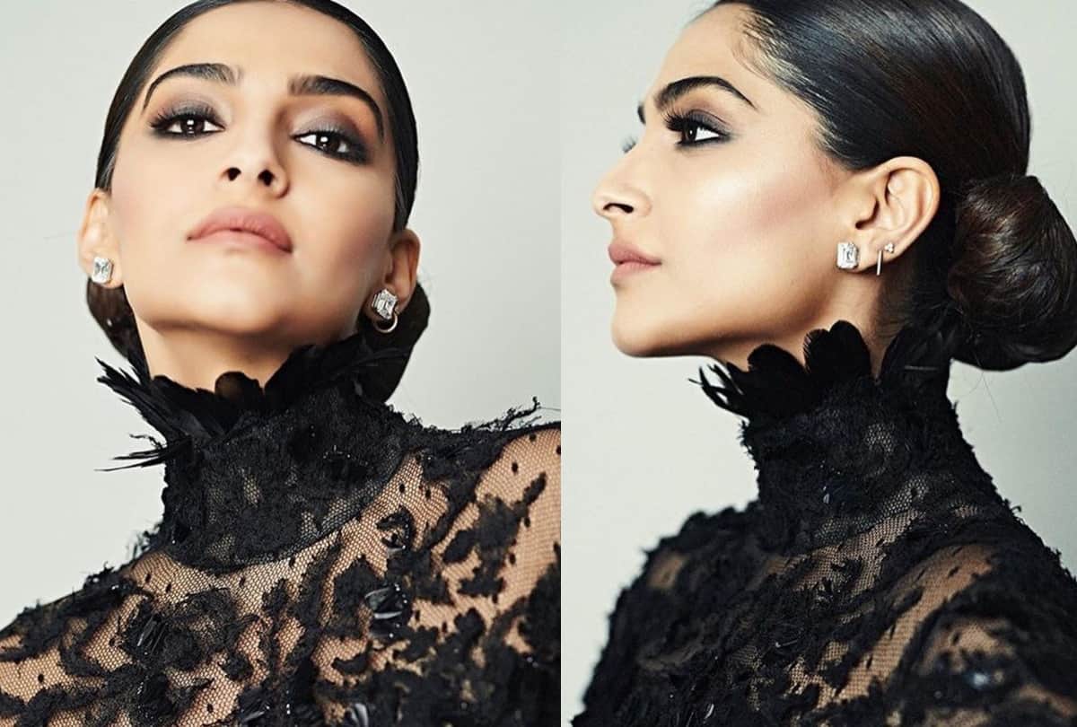 sonam kapoor in isha ambani art auction programme in black swan dress