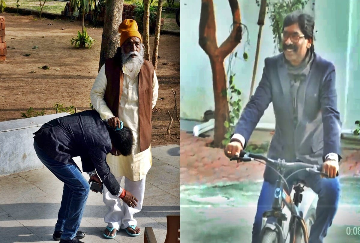 Jharkhand Election Results 2019: Hemant Soren rides a cycle at his residence in Ranchi