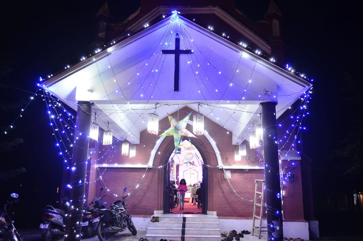Churches illuminated with colorful frills for Christmas