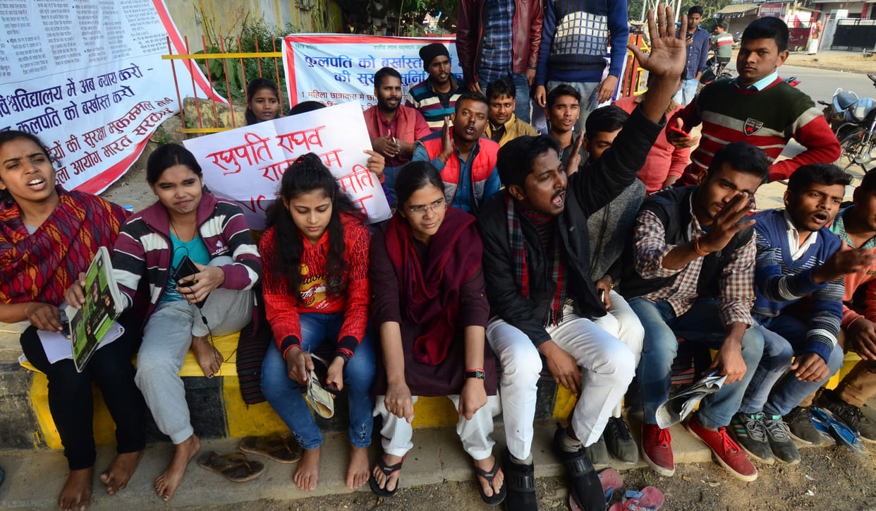 Female students fast at the gate of the women's hostel
