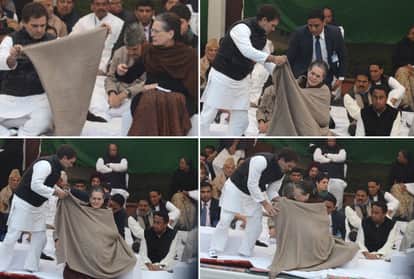 CAA 2019 congress satyagraha at rajghat rahul gandhi seen giving shawl to mom sonia photo goes viral