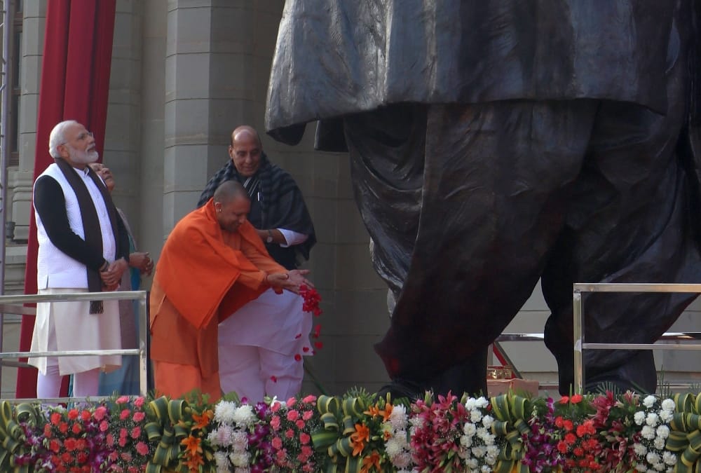 Defence Minister Rajnath Singh praises CM Yogi for statue of Atal Bihari Vajpayee.