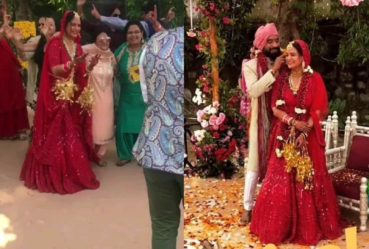 mona singh looks beautiful in red lehenga in wedding photos