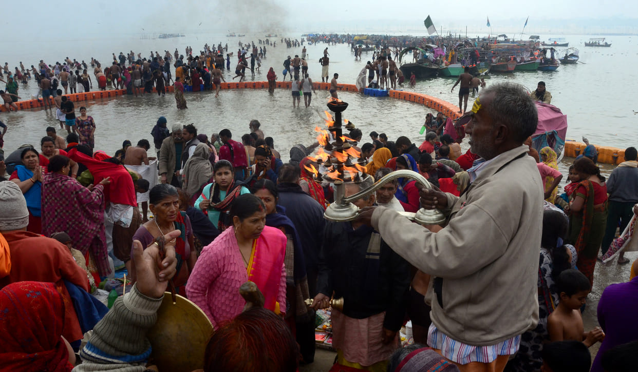 Devotees gathered to take a dip in the Ganges-Sangam on the solar eclipse