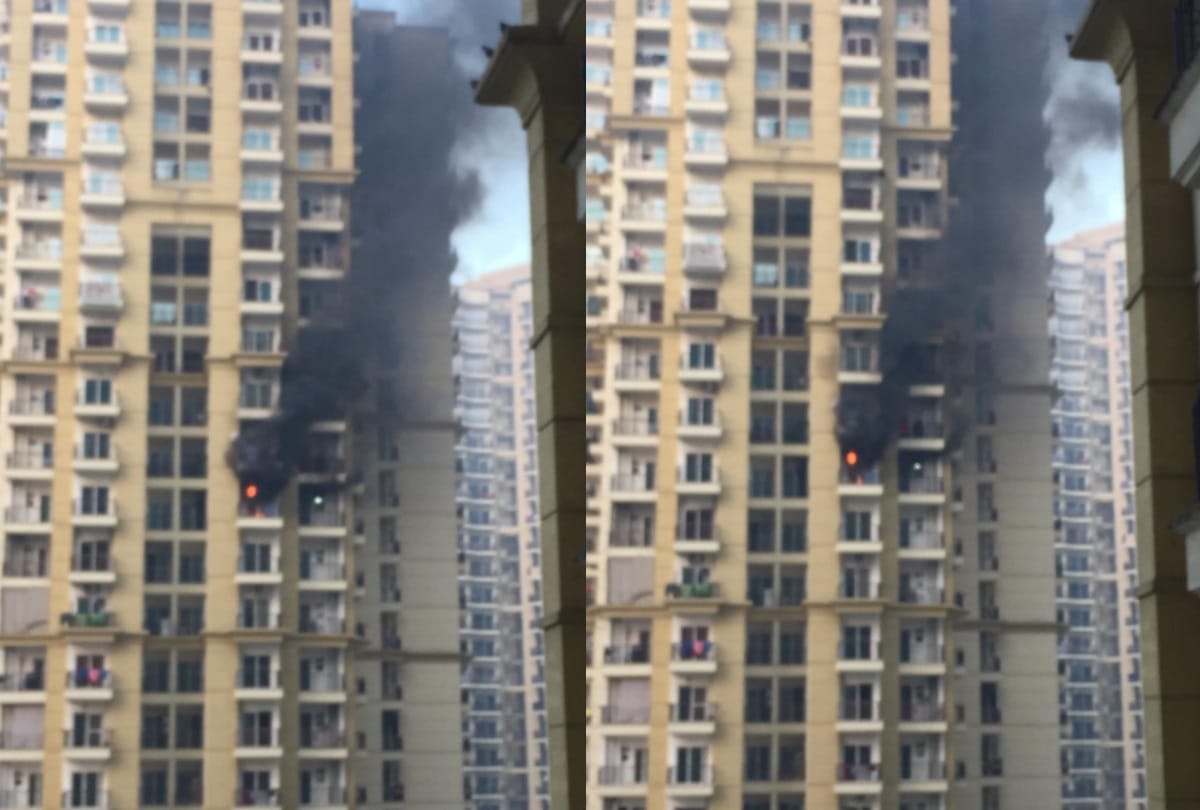 noida apex athena society 14th floor cathches fire lakhs of goods burn all updates