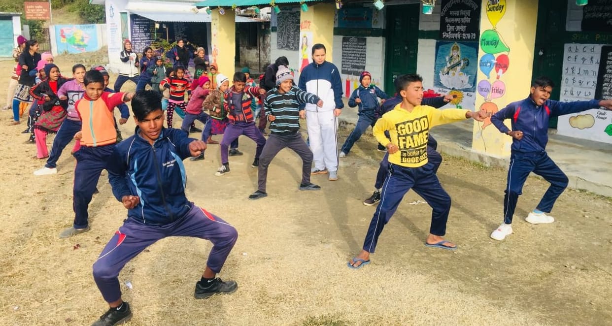 Rural children are learning karate techniques
