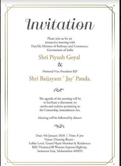 protest against piyush goyal dinner party with bollywood celebrities