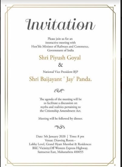 protest against piyush goyal dinner party with bollywood celebrities