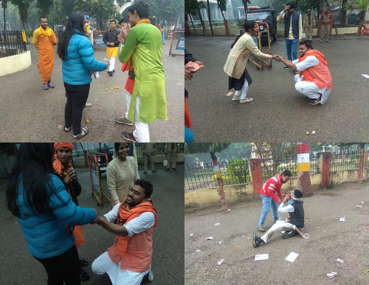 Sampoornanand University Student Union election candidate seeking folded hands in front of student