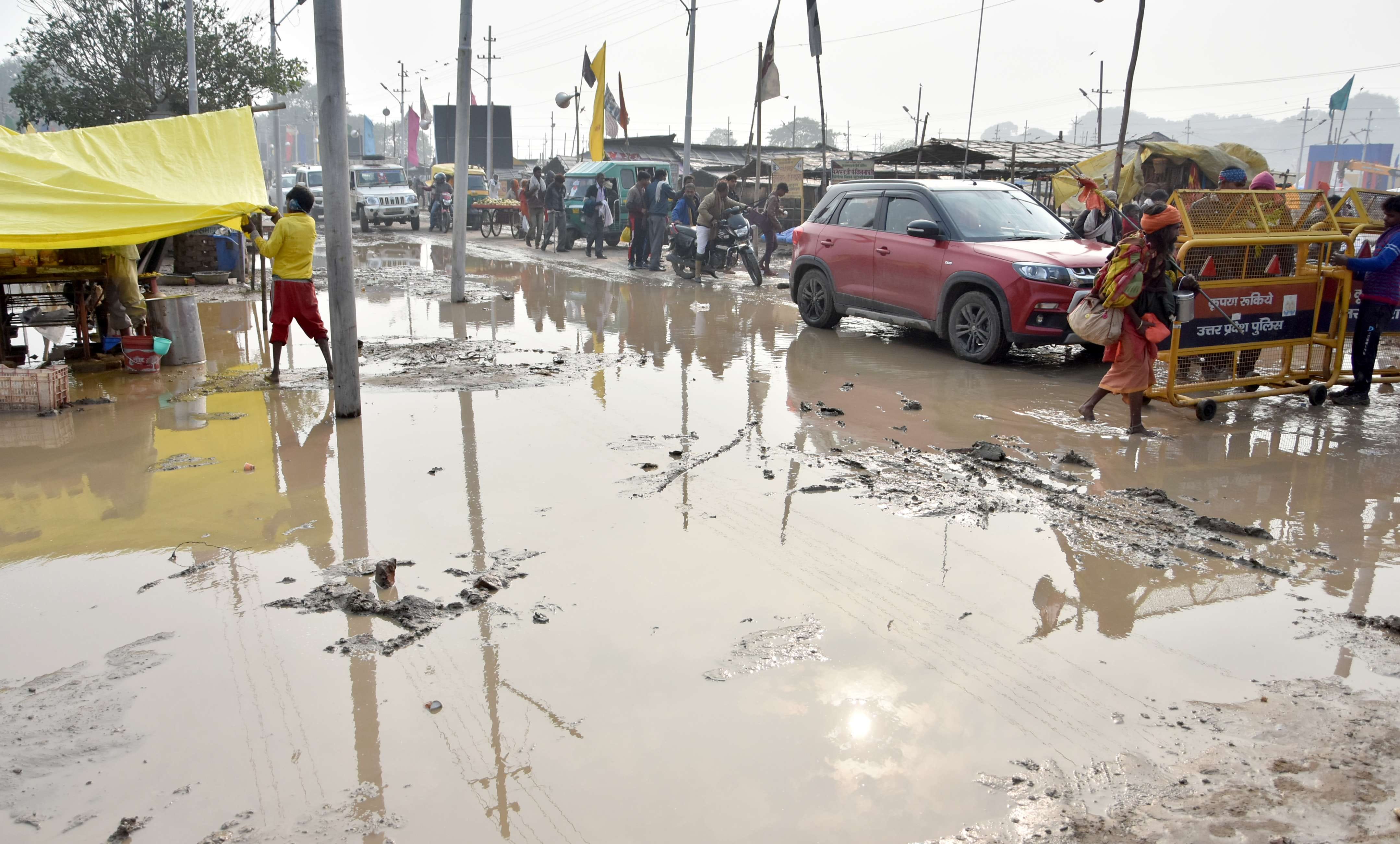 Troubles in Magh Mela, rain, water logging, slippery mud