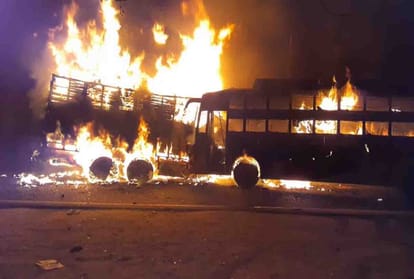 fierce fire broke out after a truck collided with a double-decker bus going to Jaipur