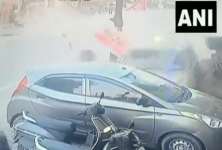 A speeding car hits a cycle, a motorcycle and a parked car on a road in Yamuna Nagar