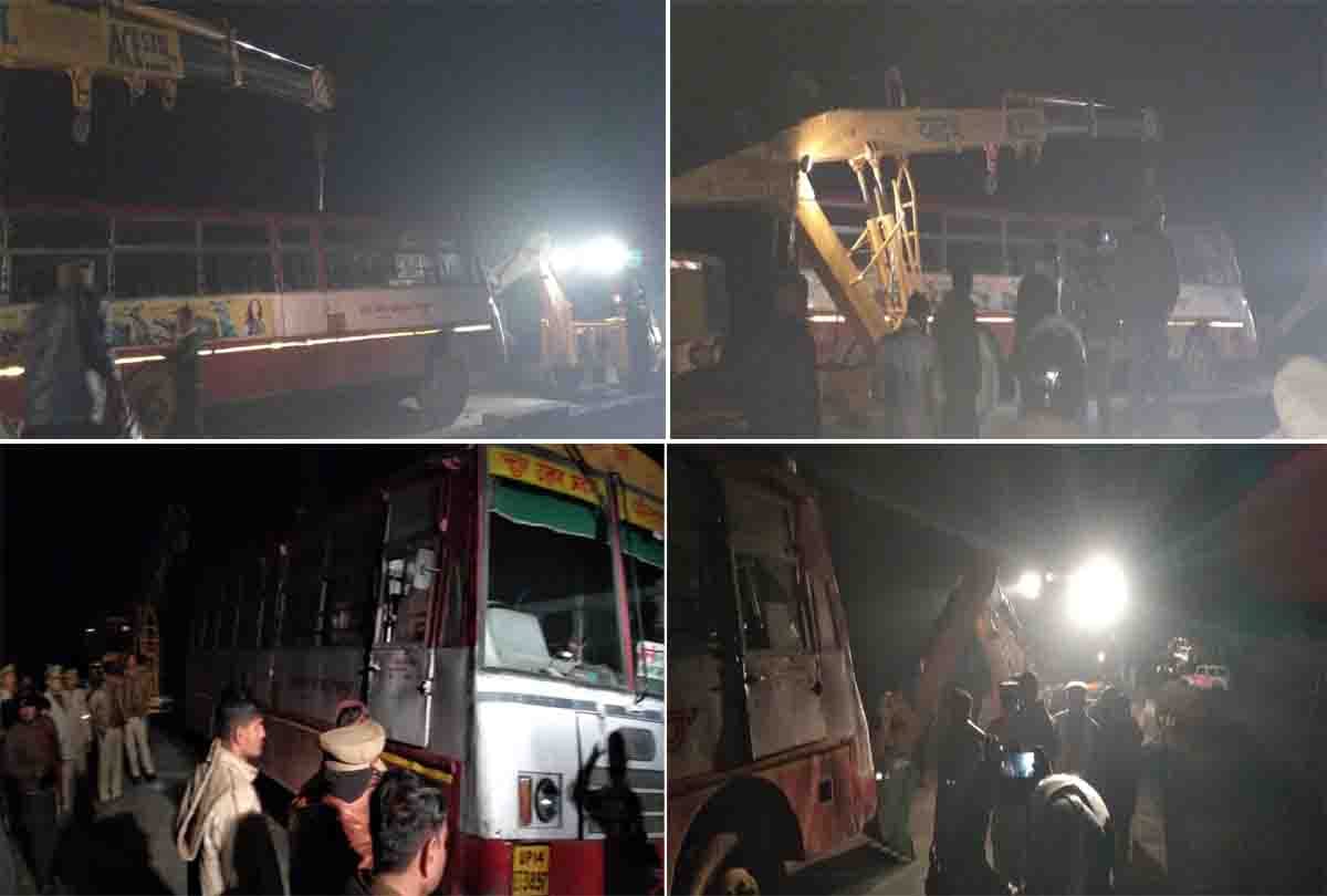 Roadways bus hanging uncontrolled from canal railing, 55 riders jumped from emergency gate