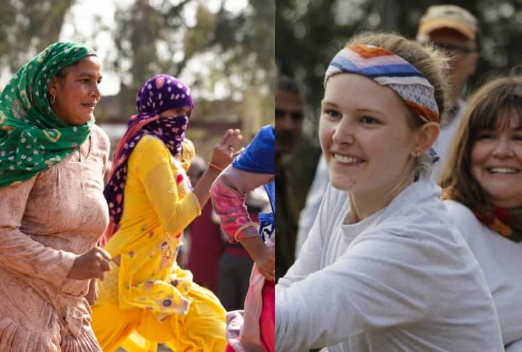 American girl students play many games with women and girls of Haryana's village