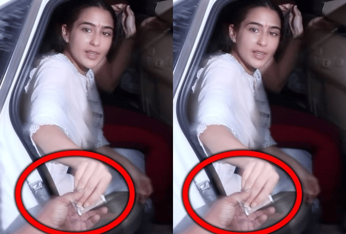 sara ali khan helps a needy person with money outside temple in mumbai