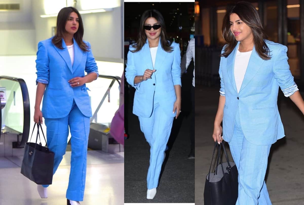 priyanka chopra arrives mumbai in sky blue pant suit