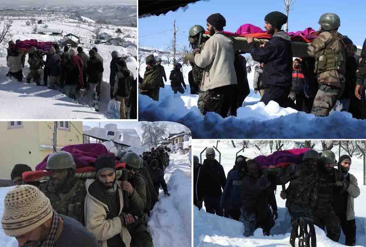Indian army personnel carry pregnant lady to hospital who trapped in snowfall