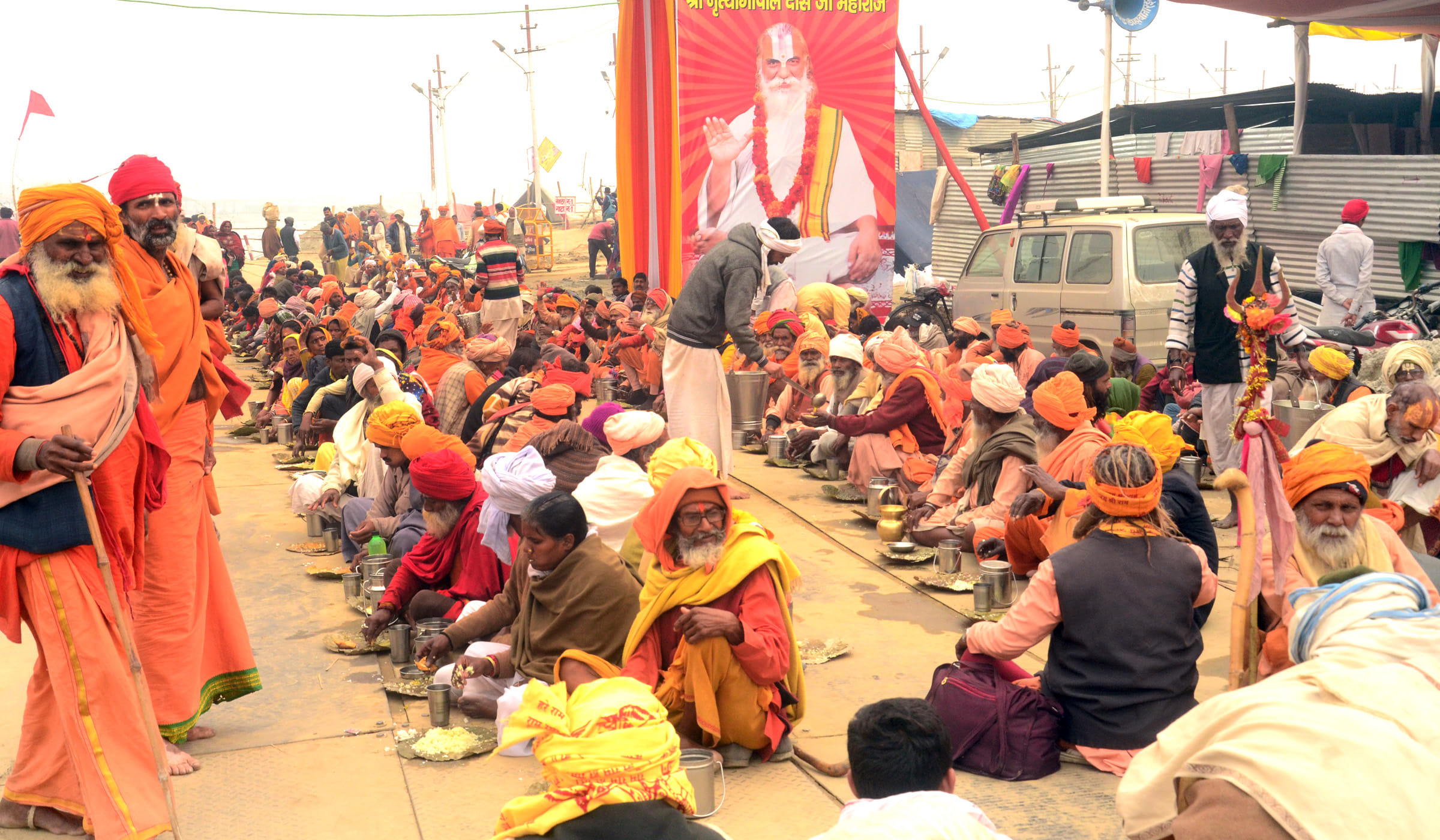 Sage-devotees' camp Gulzar resonating with satsang-bhajans in Magh Mela