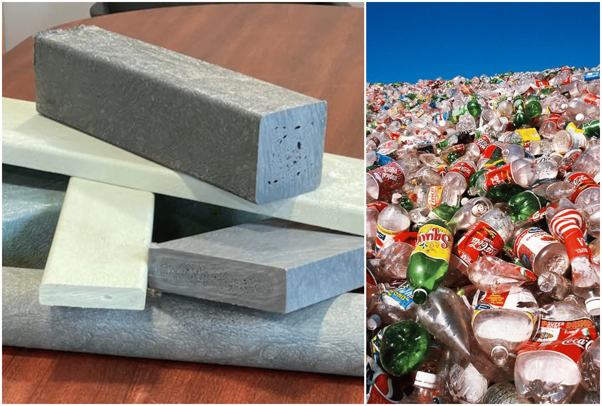 recycling plastic waste and turns it into wood creating furniture and building block