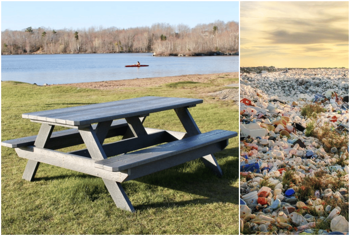 recycling plastic waste and turns it into wood creating furniture and building block