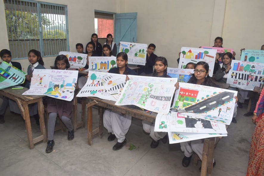 Message of road safety given through speech and painting