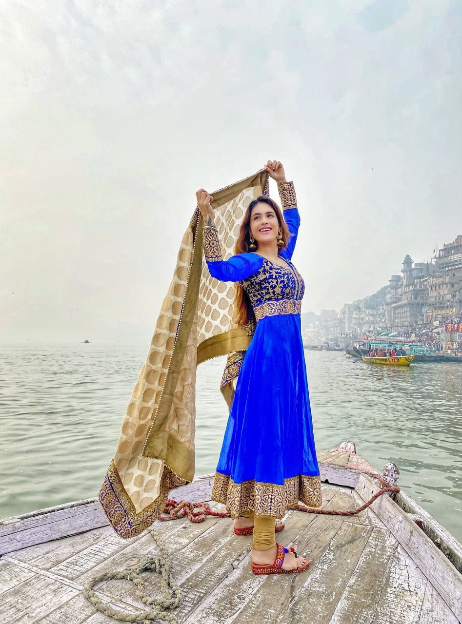 Instagram and Tiktok fame model Neha Malik seen in Indianans in the city of spirituality