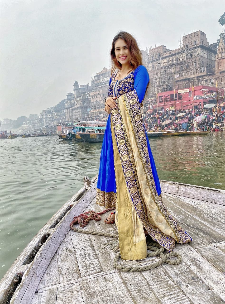 Instagram and Tiktok fame model Neha Malik seen in Indianans in the city of spirituality