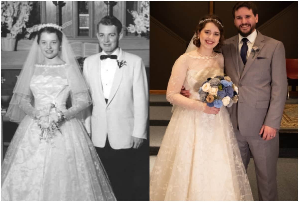 wedding gown of grandmother from 1956 wear by a bride