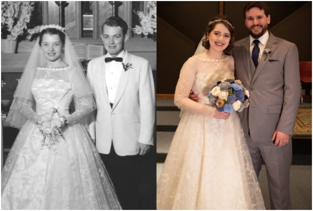 wedding gown of grandmother from 1956 wear by a bride