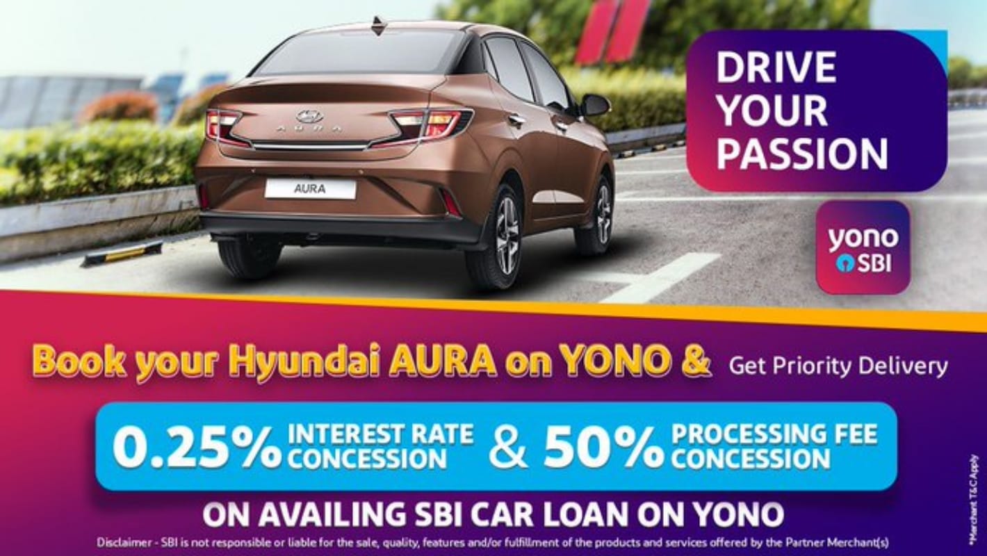 Hyundai Motors sedan car Hyundai Aura sbi yono car loan interest rate sbi car loan through yono