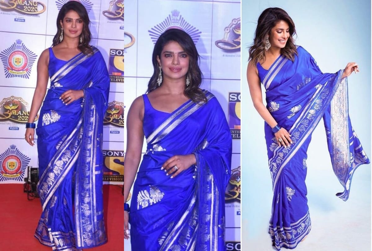 priyanka chopra poses blue saree silver bangle in self isolation new york