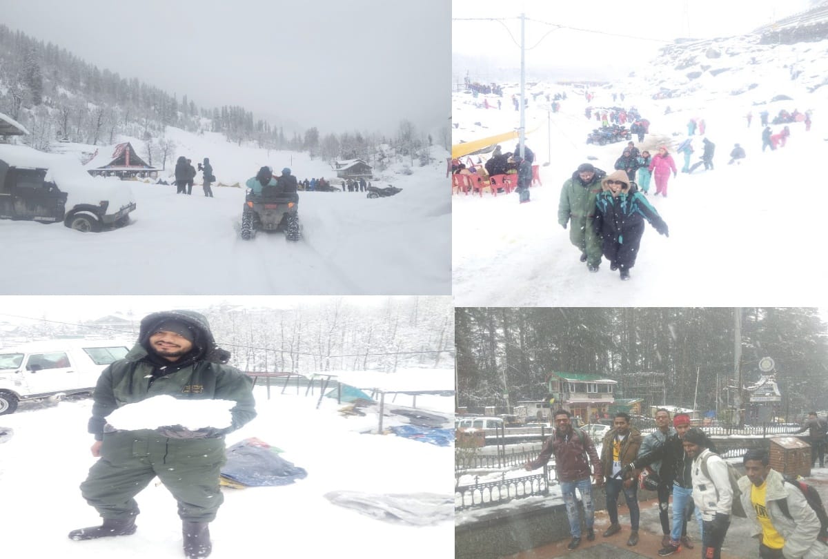 tourist enjoyed snowfall in manali and have snow scooters and horse riding