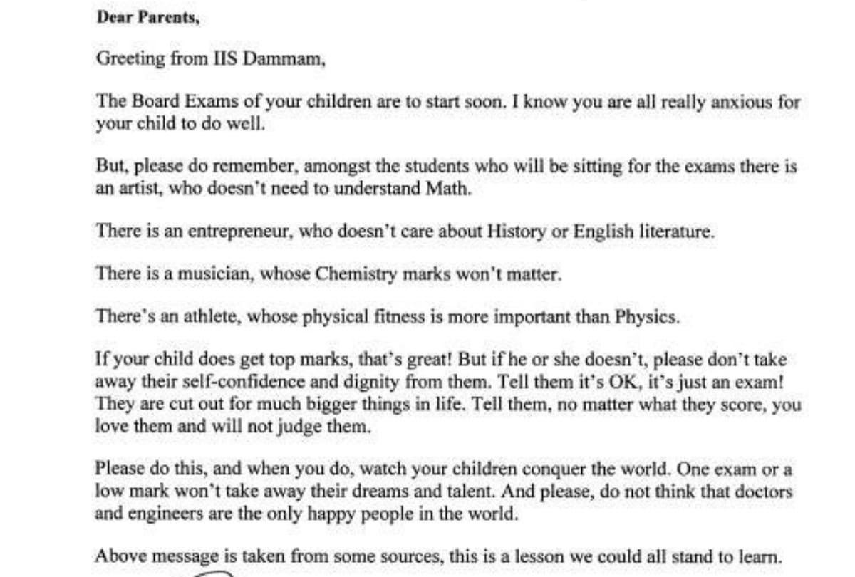 Viral letter by school principal on board exam for parents, Zubair Ahmed Khan inspirational letter