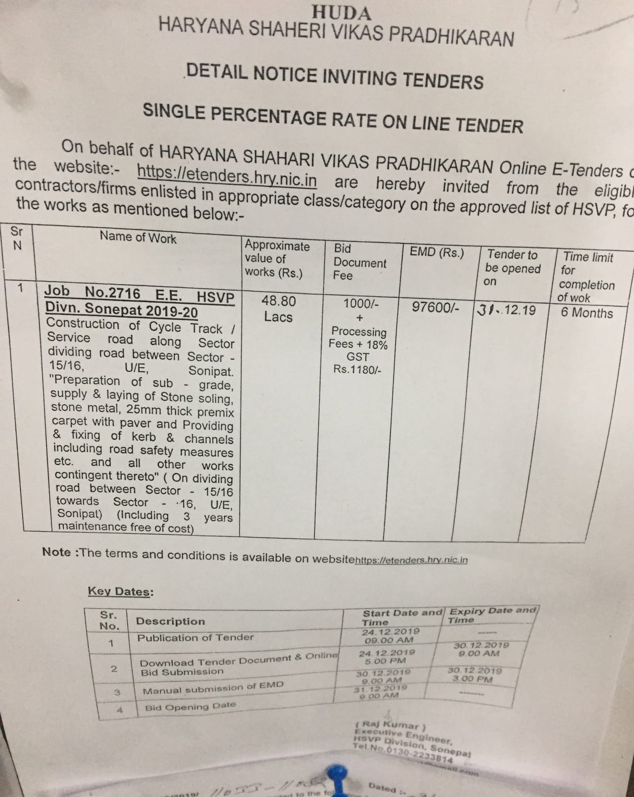 cycle track and service made four month before tendering
