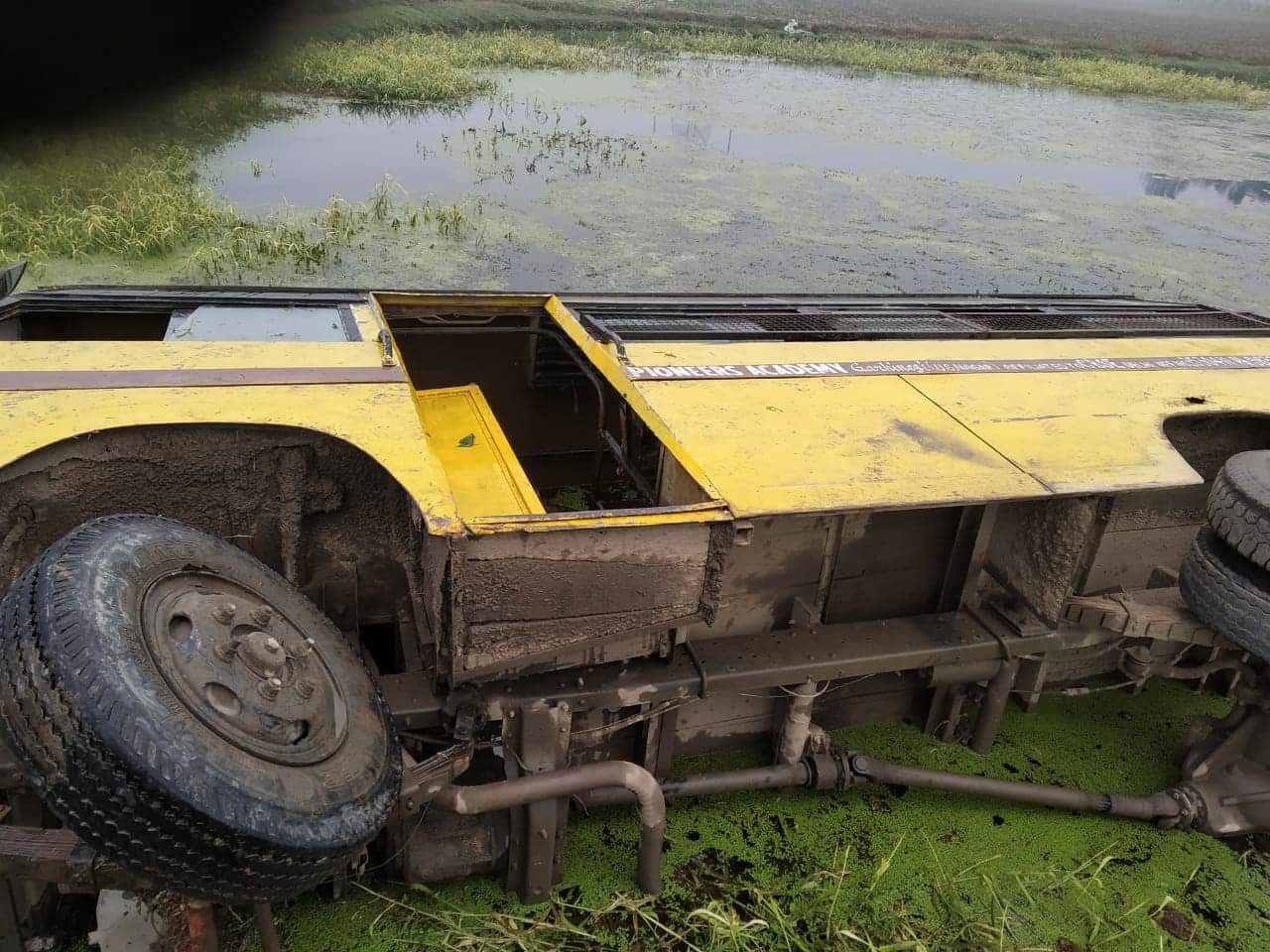 School bus overturned in pond at kashipur