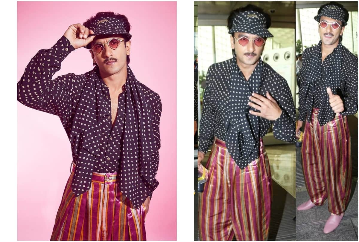 ranveer singh wear polka dot shirt and striped pants in airport