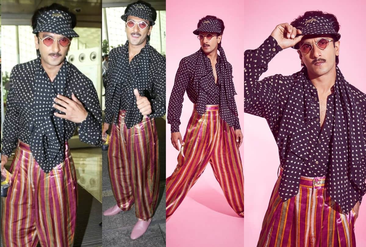 ranveer singh wear polka dot shirt and striped pants in airport
