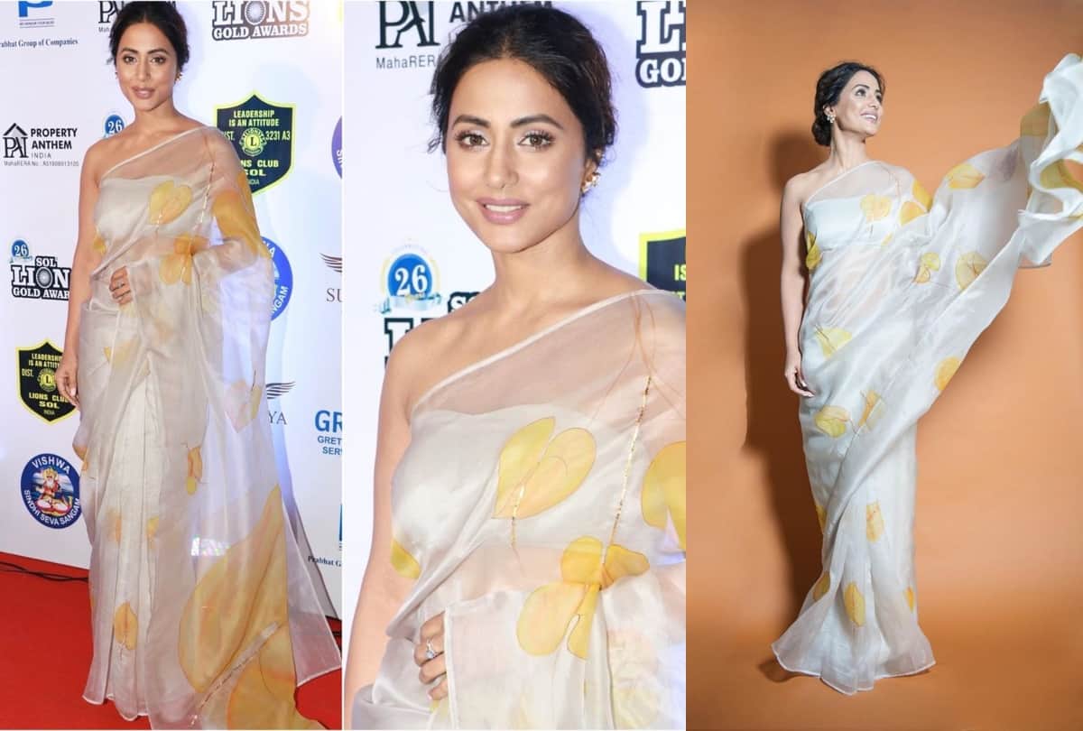 hina khan wear white saree in lions gold award 2020