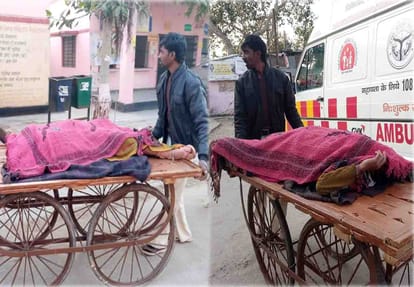 ठेलिया से प्रसूता को बिधनू सीएचसी ले जाता पति राजकुमार