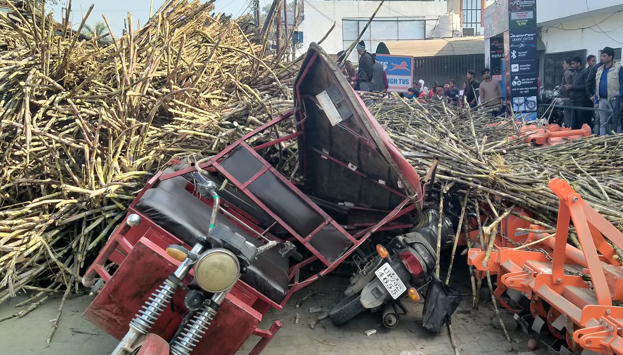 Sugarcane-laden overload truck overturns, elderly dies