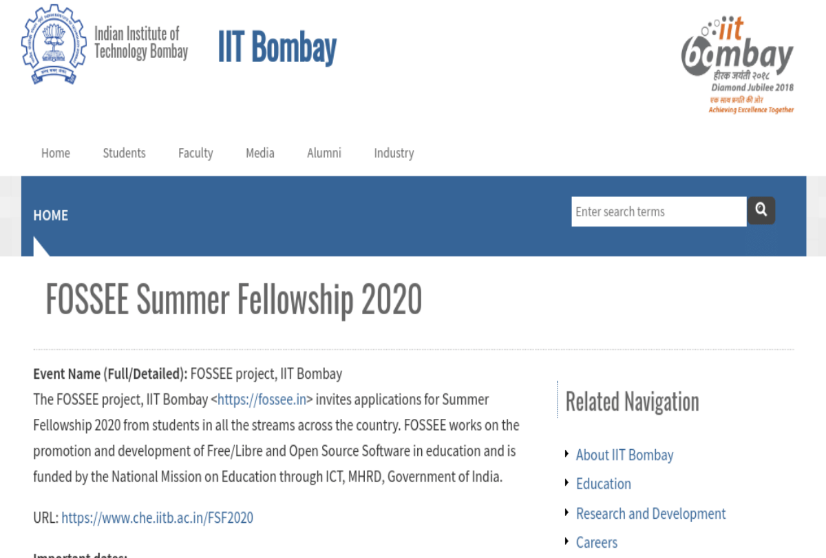 IIT Bombay Summer Fellowship FOSSEE MHRD fellowship application details