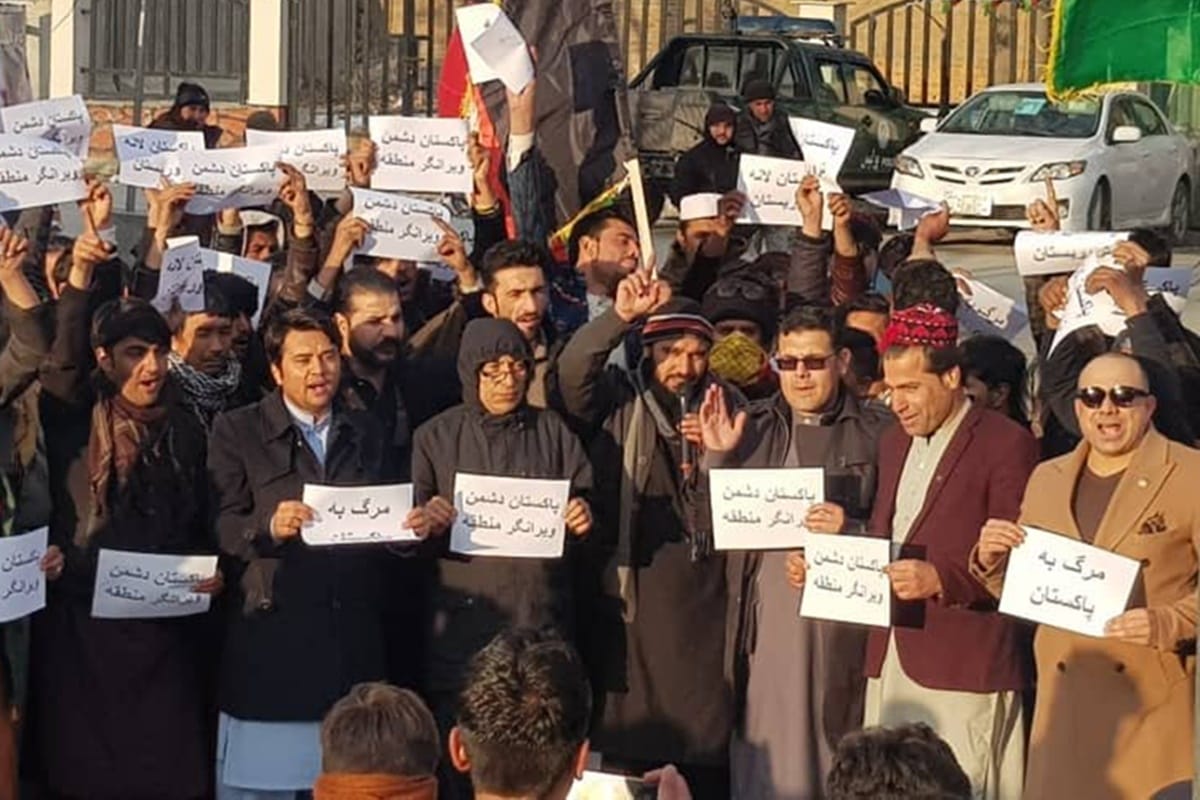 Afghans protest outside Pakistan Embassy against its continued interference in Afghan and Jammu
